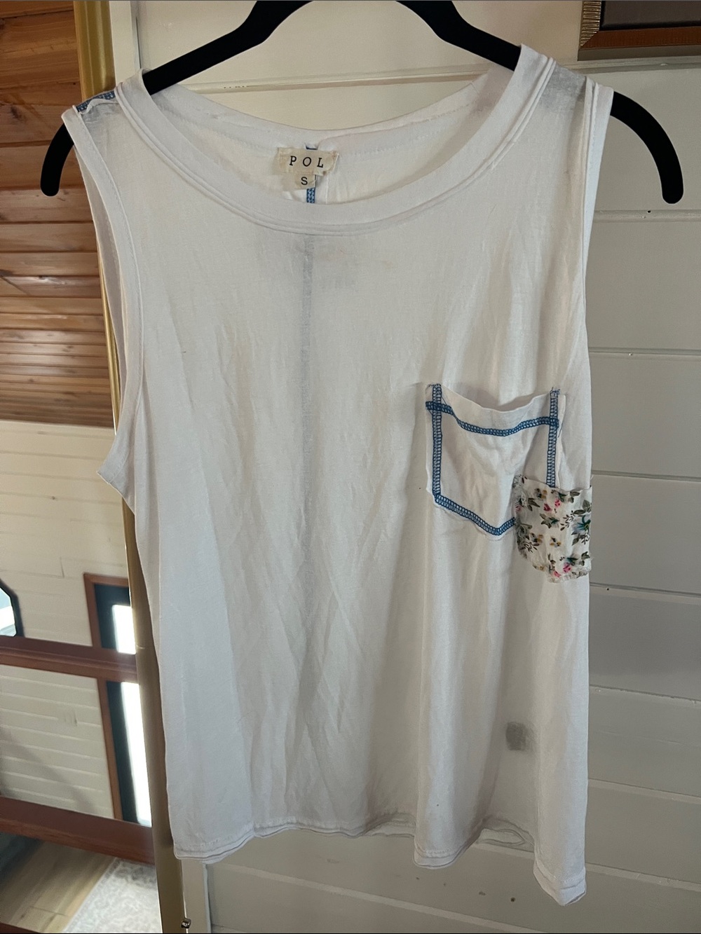POL White Sleeveless Tank with Blue Stitching and Floral Pocket